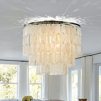 3-Light 18" Rustic Coastal Capiz Tiered Flush Mount Bronze Farmhouse Natural Seashell Ceiling Light