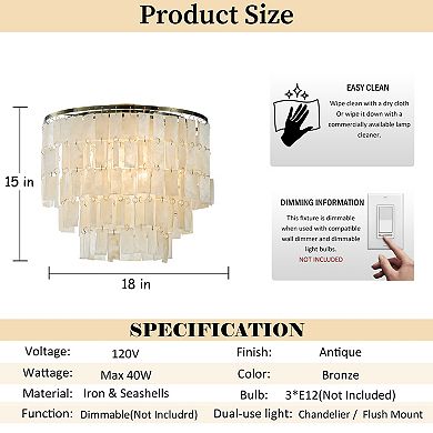 3-Light 18" Rustic Coastal Capiz Tiered Flush Mount Bronze Farmhouse Natural Seashell Ceiling Light