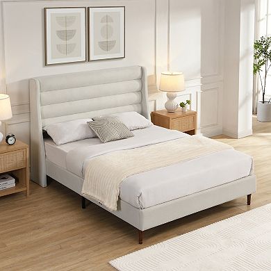 GOODSILO Queen Size Upholstered Platform Bed Frame with Wave Design Headboard