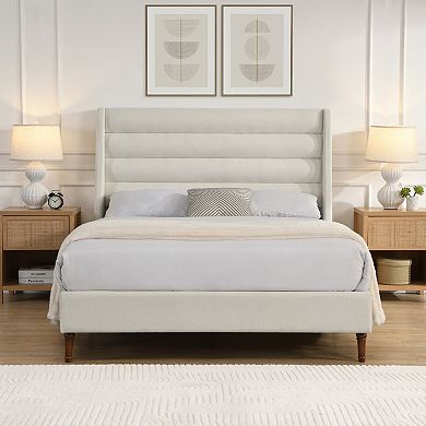GOODSILO Queen Size Upholstered Platform Bed Frame with Wave Design Headboard