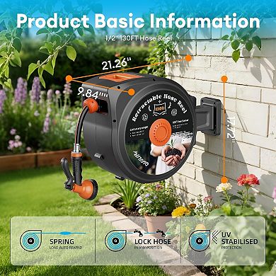 Retractable Garden Hose Reel, 1/2x130FT, 10 Pattern Nozzle, Slow Return, 180° Swivel Wall Mount