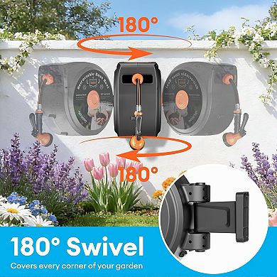 Retractable Garden Hose Reel, 1/2x130FT, 10 Pattern Nozzle, Slow Return, 180° Swivel Wall Mount