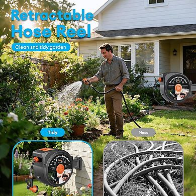Retractable Garden Hose Reel, 1/2x130FT, 10 Pattern Nozzle, Slow Return, 180° Swivel Wall Mount