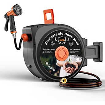 Retractable Garden Hose Reel, 1/2x100FT, 10 Spray Nozzle, Slow Return, 180° Swivel Wall Mount