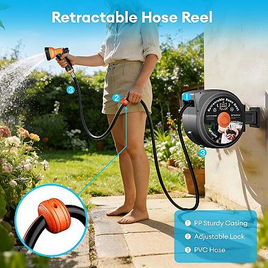 Retractable Garden Hose Reel, 1/2x100FT, 10 Spray Nozzle, Slow Return, 180° Swivel Wall Mount