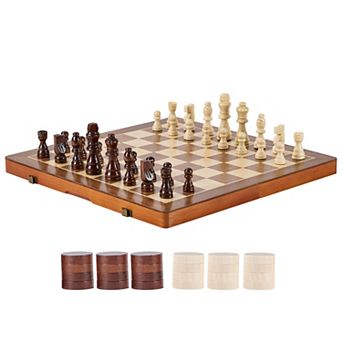 15 inch Magnetic Wooden Chess Set, 2 in 1 Folding Chess Checkers Board for Adults Kids Travel