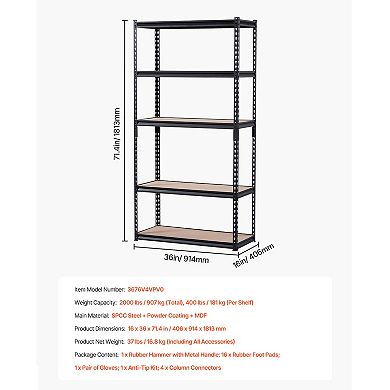Garage Storage Shelving 5 Tier 2000 lb 16 x 36 x 71.4 Inch Adjustable Black Metal Rack