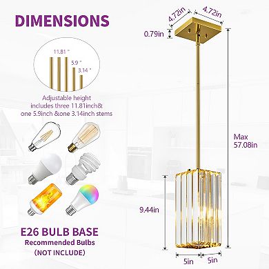 Modern Mini Crystal Pendant Light, Adjustable Hanging Fixture for Kitchen Island & Dining Room