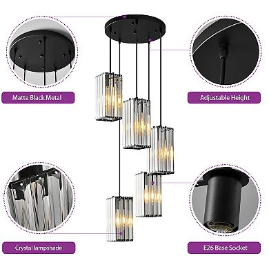 5-Light Modern Crystal Pendant, Adjustable Hanging Light for Kitchen & Dining Areas
