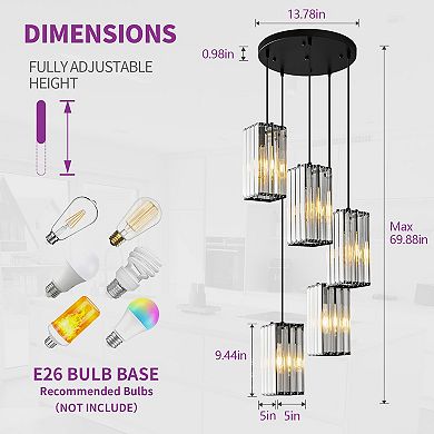 5-Light Modern Crystal Pendant, Adjustable Hanging Light for Kitchen & Dining Areas