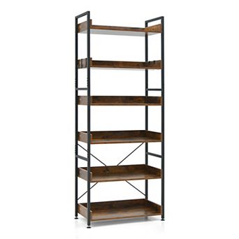 6 tier Industrial Bookcase with Open Shelves and 4 Side Hooks Brown