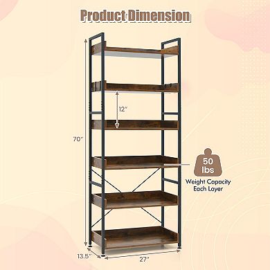 6 Tier Industrial Bookcase with Open Shelves and 4 Side Hooks Brown