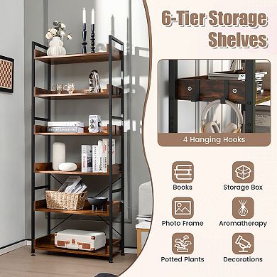 6 Tier Industrial Bookcase with Open Shelves and 4 Side Hooks Brown