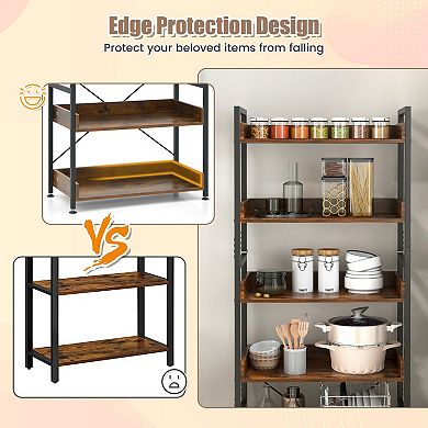 6 Tier Industrial Bookcase with Open Shelves and 4 Side Hooks Brown