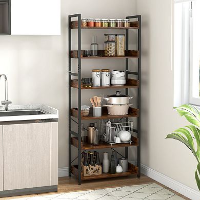 6 Tier Industrial Bookcase with Open Shelves and 4 Side Hooks Brown