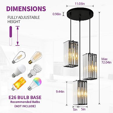 3-Light Modern Crystal Pendant, Adjustable Hanging Light for Kitchen & Dining Areas
