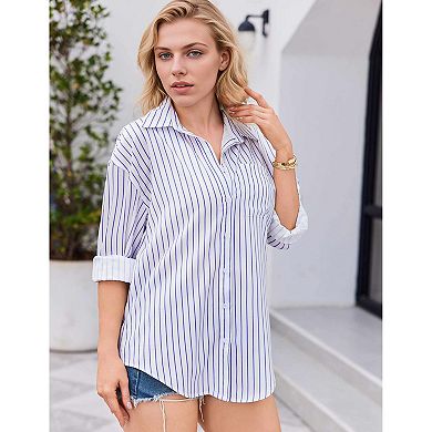 Zeagoo Womens Snorkel Button Down Shirt Boyfriend Long Sleeve Oversized Office Blouse with Pockets