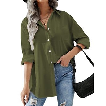 Zeagoo Womens Snorkel Button Down Shirt Boyfriend Long Sleeve Oversized Office Blouse with Pockets