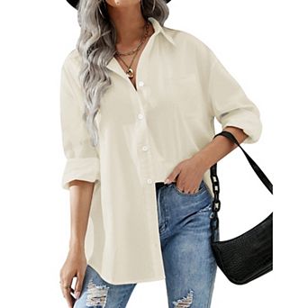 Zeagoo Womens Snorkel Button Down Shirt Boyfriend Long Sleeve Oversized Office Blouse with Pockets