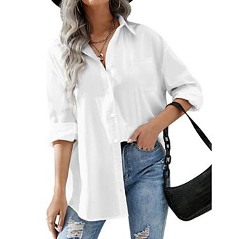 Zeagoo Womens Snorkel Button Down Shirt Boyfriend Long Sleeve Oversized Office Blouse with Pockets