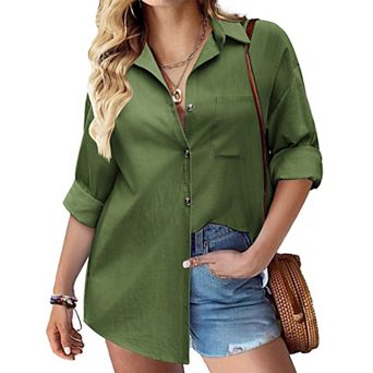 Zeagoo Womens Linen Button Up Shirts Long Sleeve Cotton Casual Collared Shirt Loose Blouses Tops