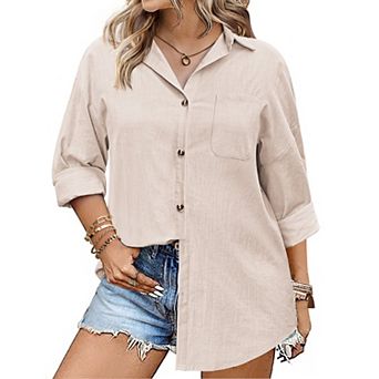 Zeagoo Womens Linen Button Up Shirts Long Sleeve Cotton Casual Collared Shirt Loose Blouses Tops