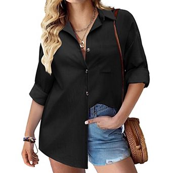 Zeagoo Womens Linen Button Up Shirts Long Sleeve Cotton Casual Collared Shirt Loose Blouses Tops