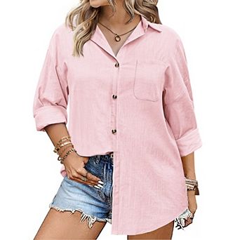 Zeagoo Womens Linen Button Up Shirts Long Sleeve Cotton Casual Collared Shirt Loose Blouses Tops