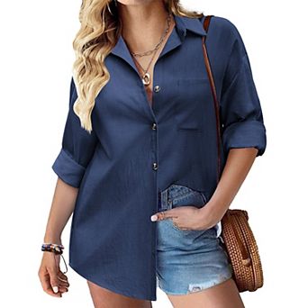 Zeagoo Womens Linen Button Up Shirts Long Sleeve Cotton Casual Collared Shirt Loose Blouses Tops