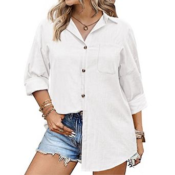 Zeagoo Womens Linen Button Up Shirts Long Sleeve Cotton Casual Collared Shirt Loose Blouses Tops