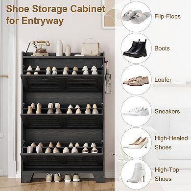 Shoe Storage Cabinet with 3 Flip Drawers,Shoe Organizer Storage with Hooks, Slim Shoe Rack Cabinet