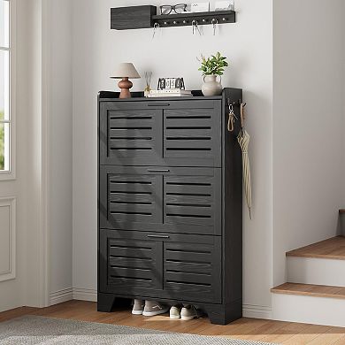 Shoe Storage Cabinet with 3 Flip Drawers,Shoe Organizer Storage with Hooks, Slim Shoe Rack Cabinet