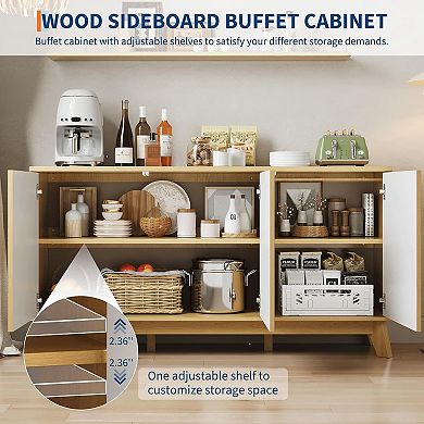 58" Sideboard Buffet Cabinet with Curved Fluted Doors, Wood Storage Buffet Console Table