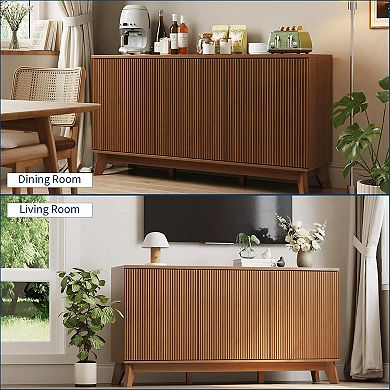 58" Sideboard Buffet Cabinet with Curved Fluted Doors, Wood Storage Buffet Console Table