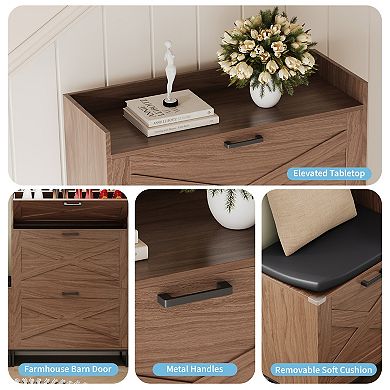 35 Inch Fluted Wood Coffee Bar Organizer, Sideboard Pop Up Buffet Table with Storage, Credenza