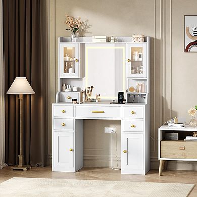 Makeup Vanity Desk, Vanity Desk Dressing Table with Touch Screen Mirror Led Lights Charging Station