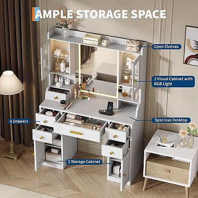 Makeup Vanity Desk, Vanity Desk Dressing Table with Touch Screen Mirror Led Lights Charging Station