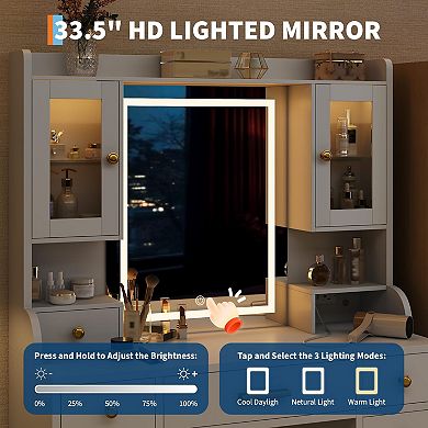 Makeup Vanity Desk, Vanity Desk Dressing Table with Touch Screen Mirror Led Lights Charging Station