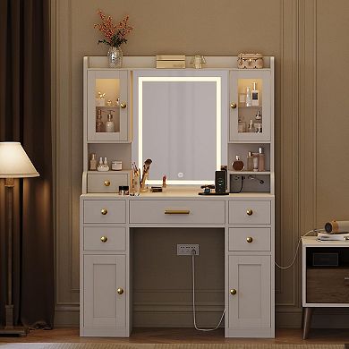 Makeup Vanity Desk, Vanity Desk Dressing Table with Touch Screen Mirror Led Lights Charging Station