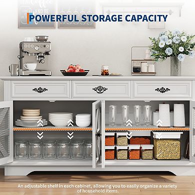 63" Kitchen Buffet Cabinet, Wood Coffee Bar Buffet Table Sideboard with Charging Station