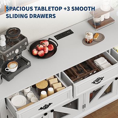 63" Kitchen Buffet Cabinet, Wood Coffee Bar Buffet Table Sideboard with Charging Station