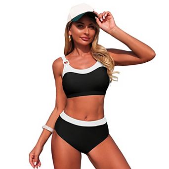 Women's High Waisted Two Piece Bikini Set, Colorblock Tie Back Adjustable Strap Bathing Suit