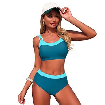 Women's High Waisted Two Piece Bikini Set, Colorblock Tie Back Adjustable Strap Bathing Suit