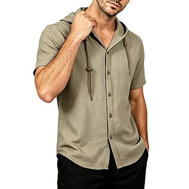 Men's Short Sleeve Hooded Button Down Shirt, Casual Cotton Blend Summer Shirt Top