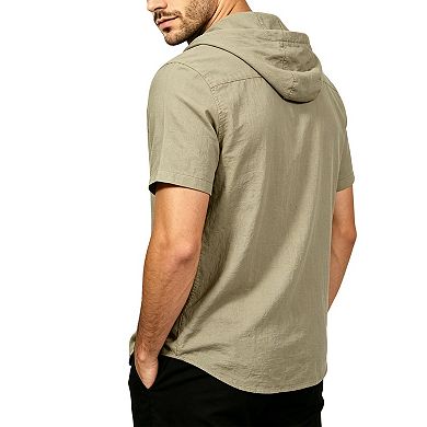 Men's Short Sleeve Hooded Button Down Shirt, Casual Cotton Blend Summer Shirt Top