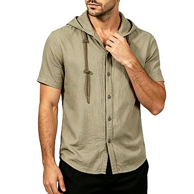 Men's Short Sleeve Hooded Button Down Shirt, Casual Cotton Blend Summer Shirt Top