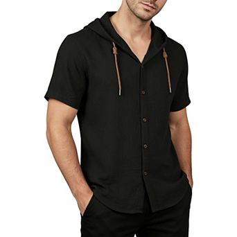 Men's Short Sleeve Hooded Button Down Shirt, Casual Cotton Blend Summer Shirt Top