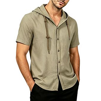 Men's Short Sleeve Hooded Button Down Shirt, Casual Cotton Blend Summer Shirt Top