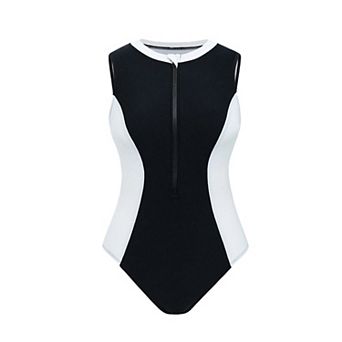 Women's Zip Front Sleeveless One Piece Swimsuit, Colorblock Tummy Control Bathing Suit
