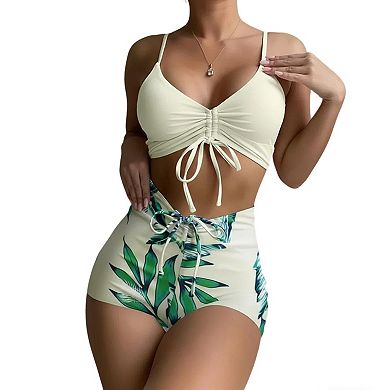 Women's colorful Print Two Piece Swimsuit, Ruched Tie Front High Waist Bathing Suit